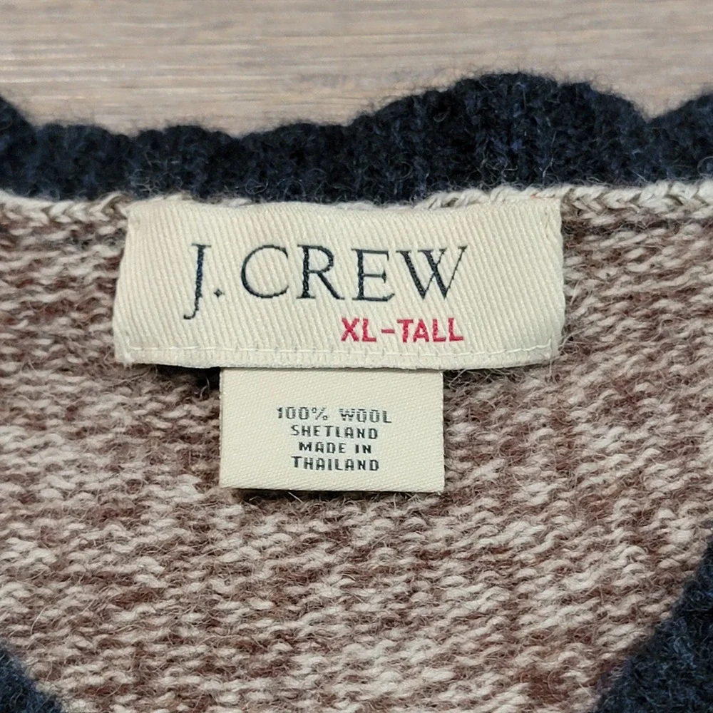 J Crew Mens XL Tall Shetland Wool V-Neck Sweater Brown Pullover Varsity Stripe